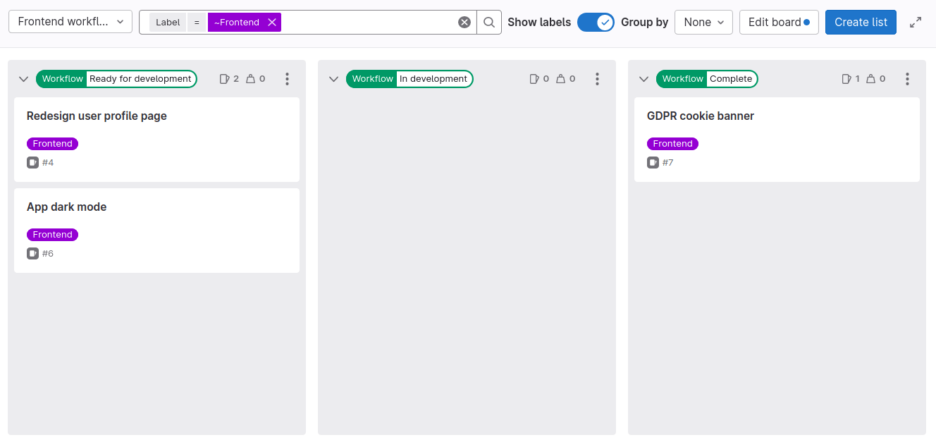 "Frontend workflow" issue board with two issues from "UX workflow" board in "Ready for development" column