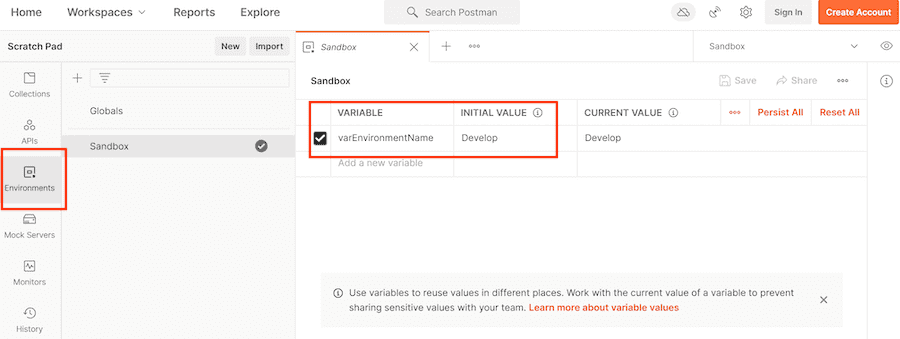 Edit environment variables view